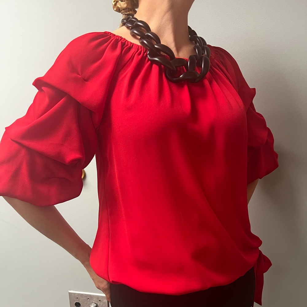 CeCe Vibrant Red Blouse with Ruffled Sleeves & Side Bow